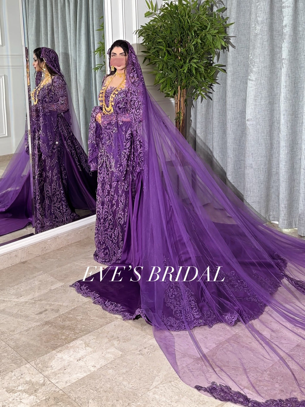 Dark purple malka dress with veil فستان بنفسجي غامق مع طرحة