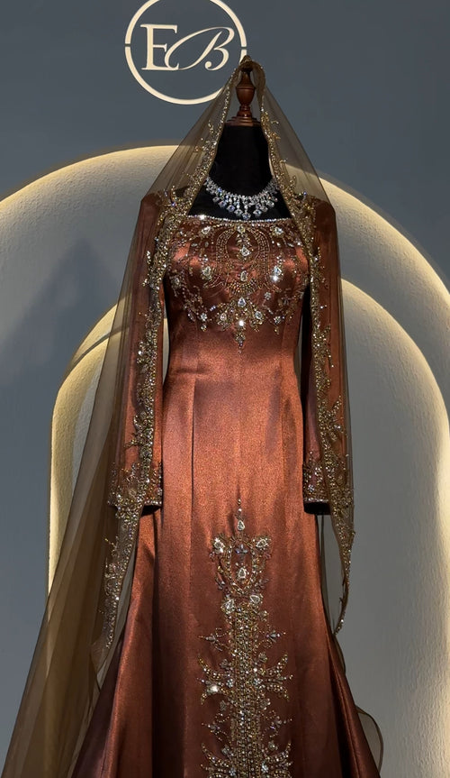 Brown malka hand beaded dress with veil فستان ملكة بني مع ذيل و طرحة