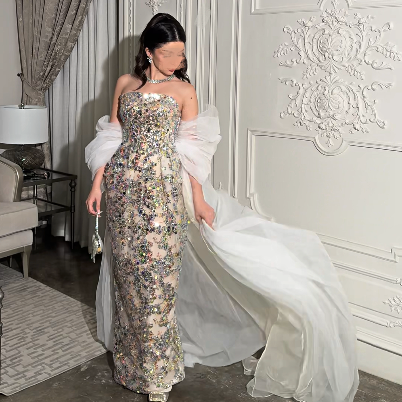 Multicolor sequin with tulle tail فستان ملون مع ذيل تول