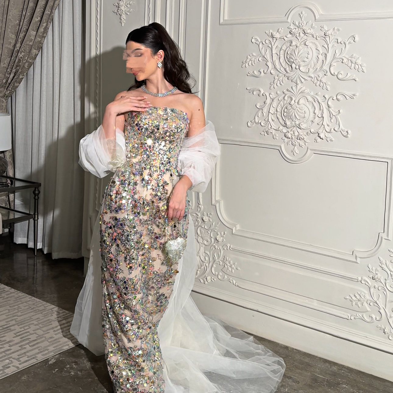 Multicolor sequin with tulle tail فستان ملون مع ذيل تول