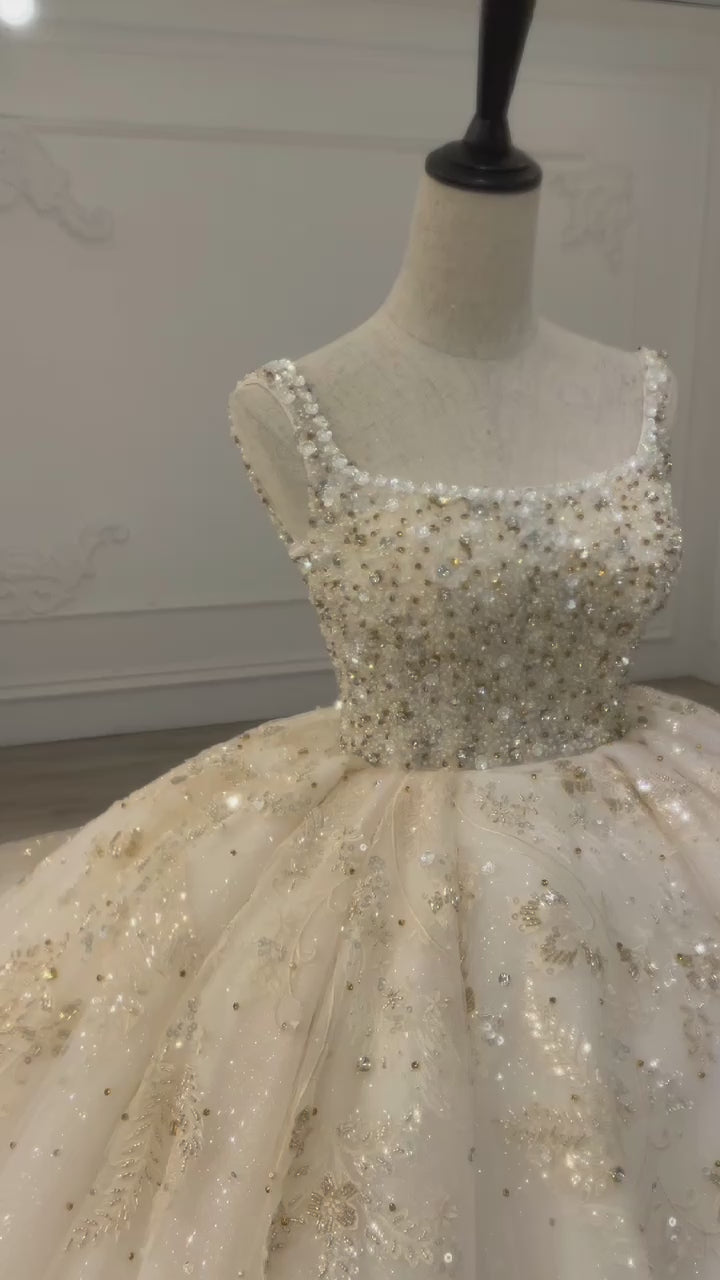 Ballgown champagne dress with heavy hand beading فستان منفوش مع شك يدوي ثقيل
