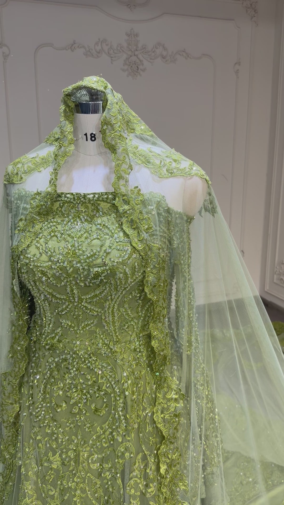 Olive green malka lace dress فستان ملكة دانتيل فستقي مع طرحة